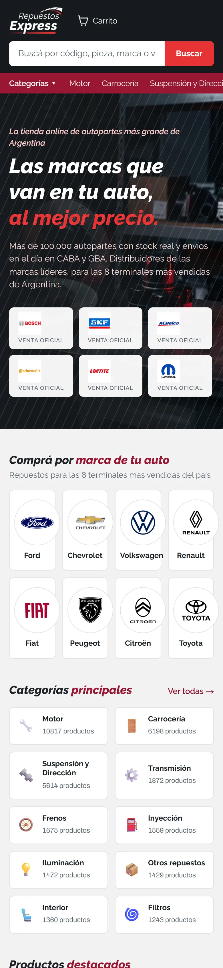 Captura del sitio Repuestos Express en celular